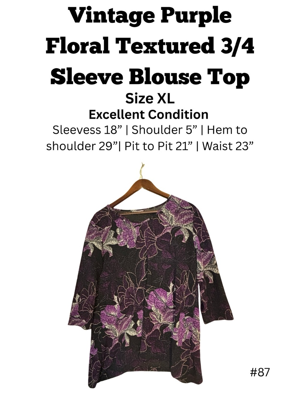 Purple Floral Textured Blouse XL 3/4 Sleeve Black Background Top